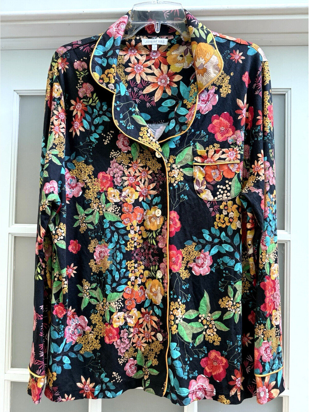 Johnny Was Women's L Pajama Top Cotton Blend Black Vibrant Floral Tropical Print